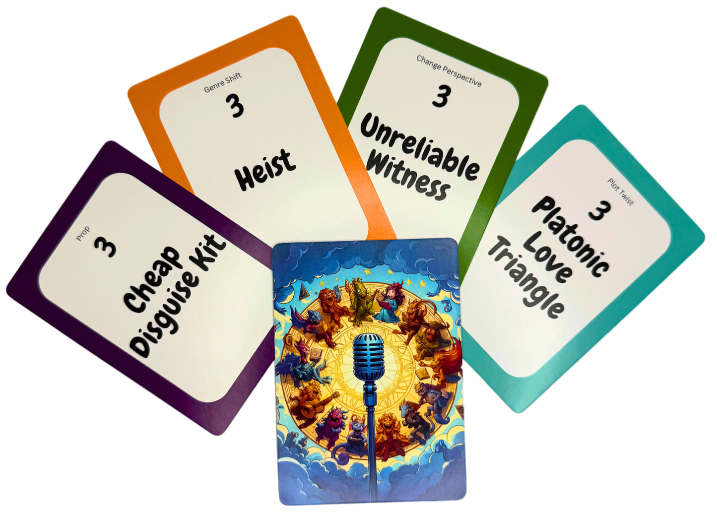 Set of cards with various phrases and a central card featuring a microphone and colorful design.